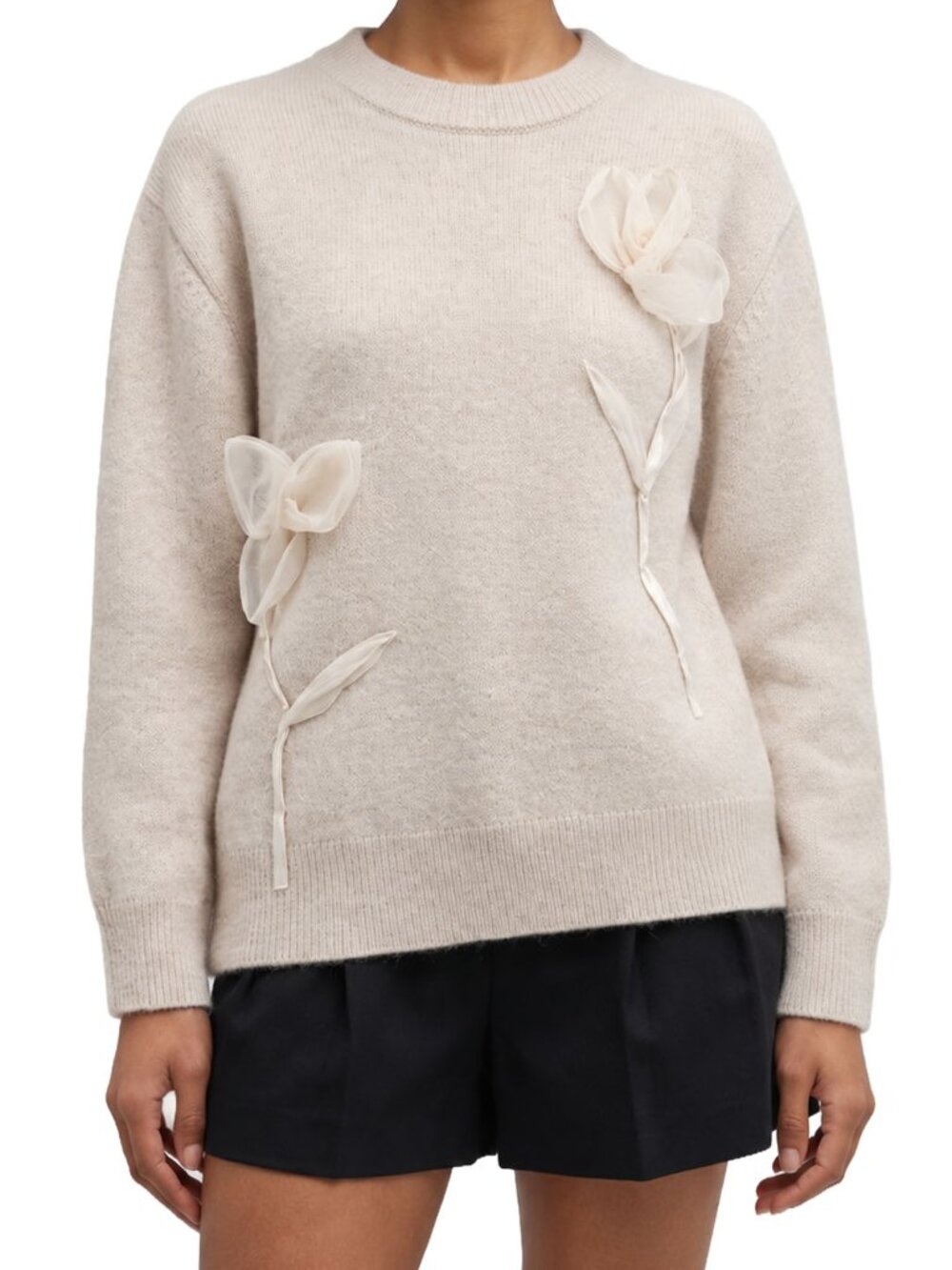 Anthropologie 3D Floral Applique Crewneck Sweater Beige Wool Blend XS